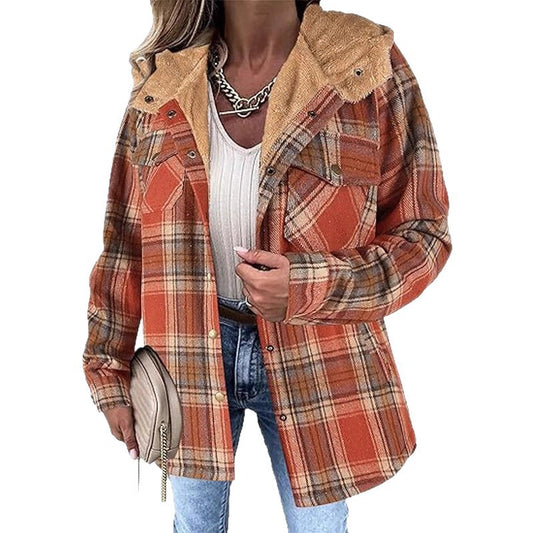 Women's Plaid Casual Long-sleeved Furry Hooded With Coats