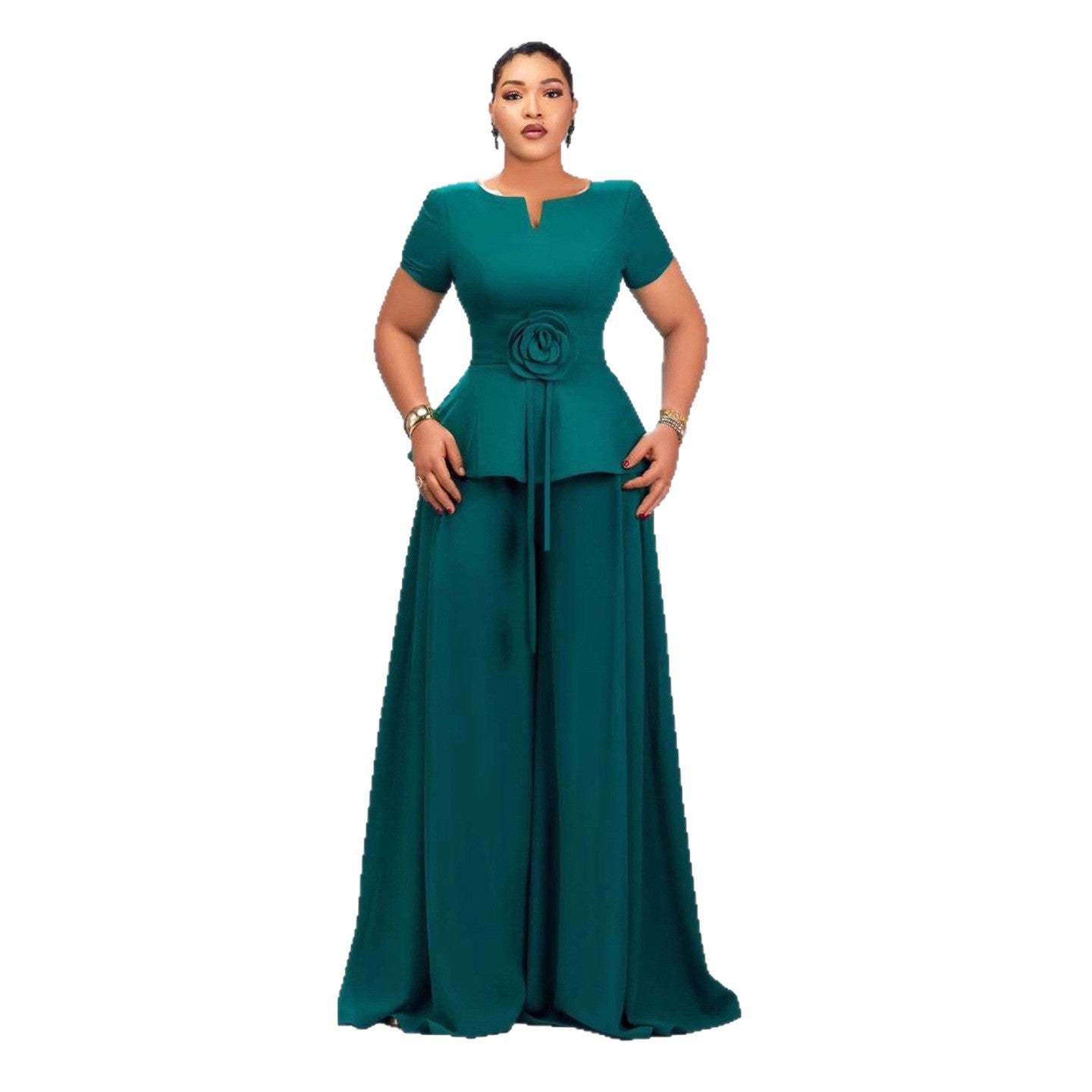 Women's Green Sleeve Ruffled Three-dimensional Flower Wide Suits
