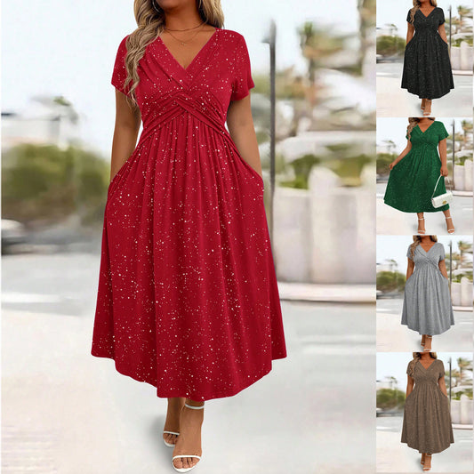Women's Waist Tight Shiny Crystal Dusting Powder Twisted Dress