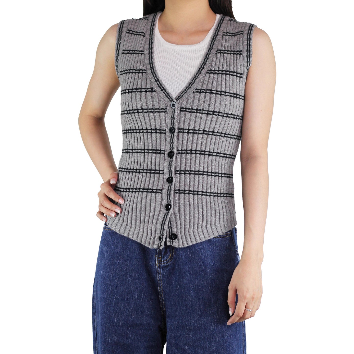 Women's Cool Waistcoat Collar Striped Knitted Vests