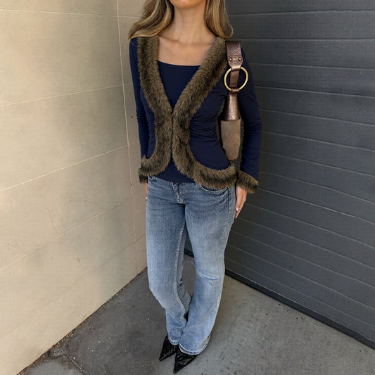 Cinched Patchwork Fluff Street Style Solid Jackets
