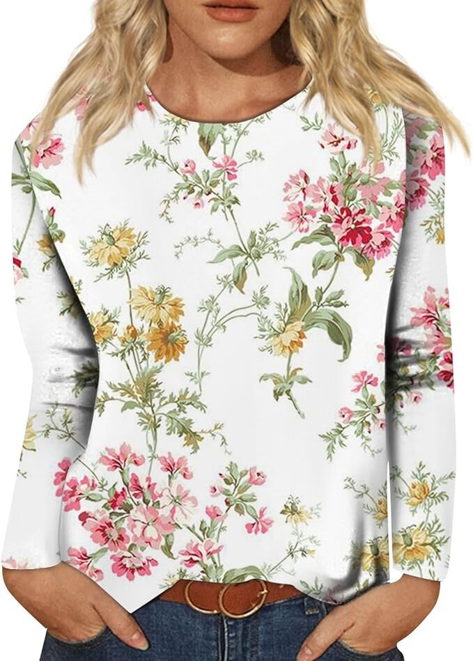 Women's Round Neck Long Sleeve Loose Print Tops