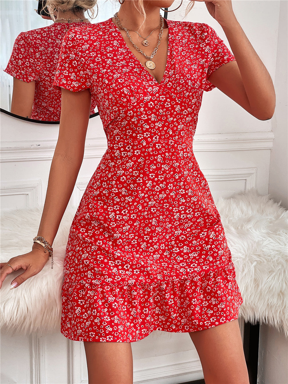 Women's Summer Sexy Deep Dotted Floral Elegant Dress