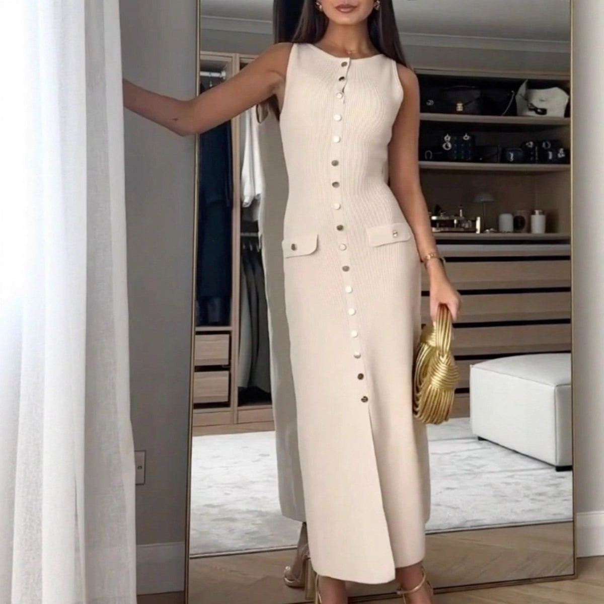 Women's Elegant Knitted Rib Round Neck Sleeveless Button Slim Dress