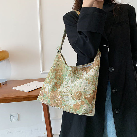 Women's Capacity French Simplicity Canvas Oil Painting Shoulder Bags