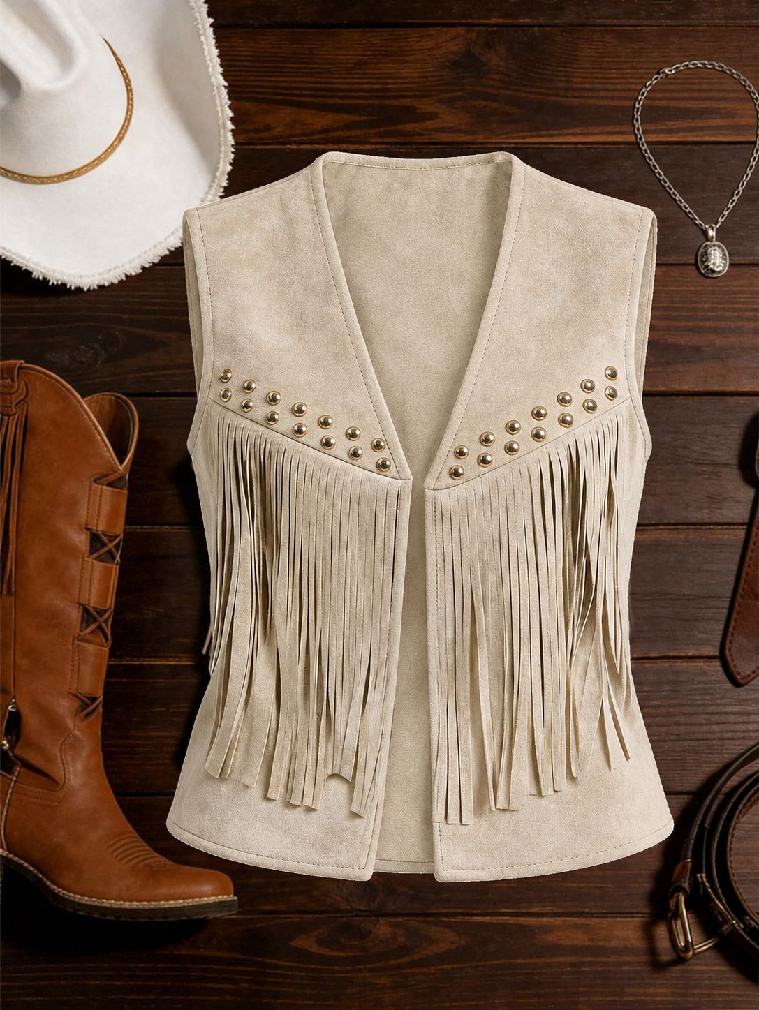 Women's Retro Country American Style Western Rivet Tassel Suede Sleeveless Vests