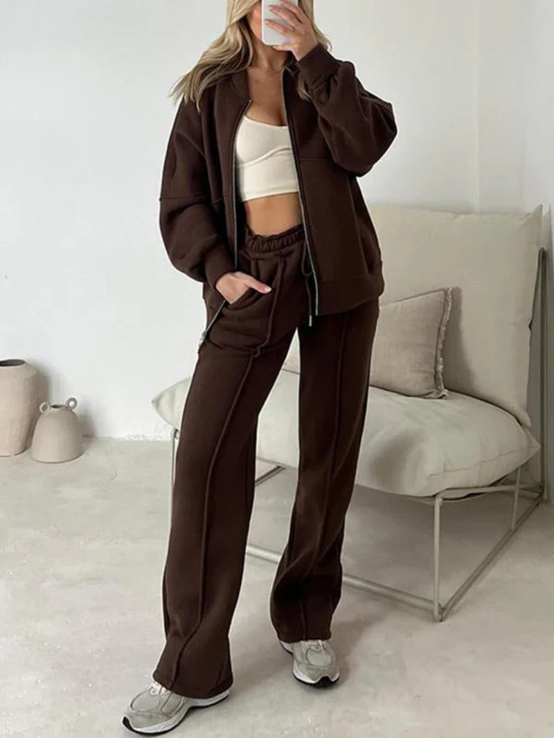 Women's Casual Set Solid Color Long-sleeved Zipper Suits