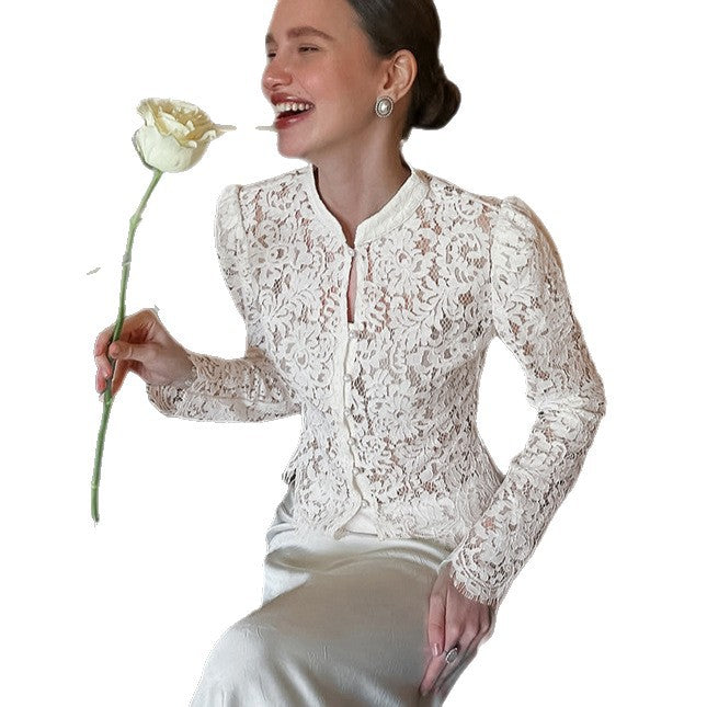 Women's Puff Sleeve Lace Knitted Jacquard High-grade Blouses