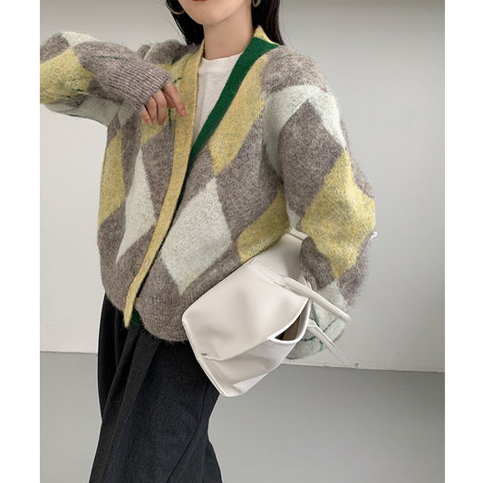 Women's Rhombus Knitted Design Niche Loose Preppy Knitwear