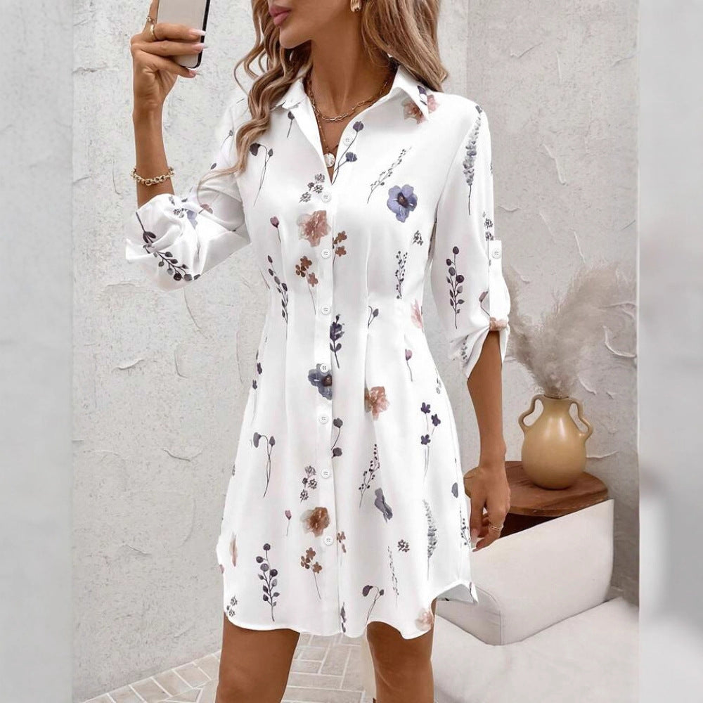 Women's Versatile Commuter Floral Print Shirt Dress Dresses