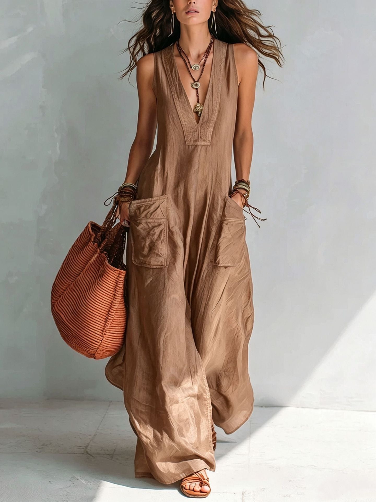 Solid Color Temperament Large Loose Pockets Jumpsuits
