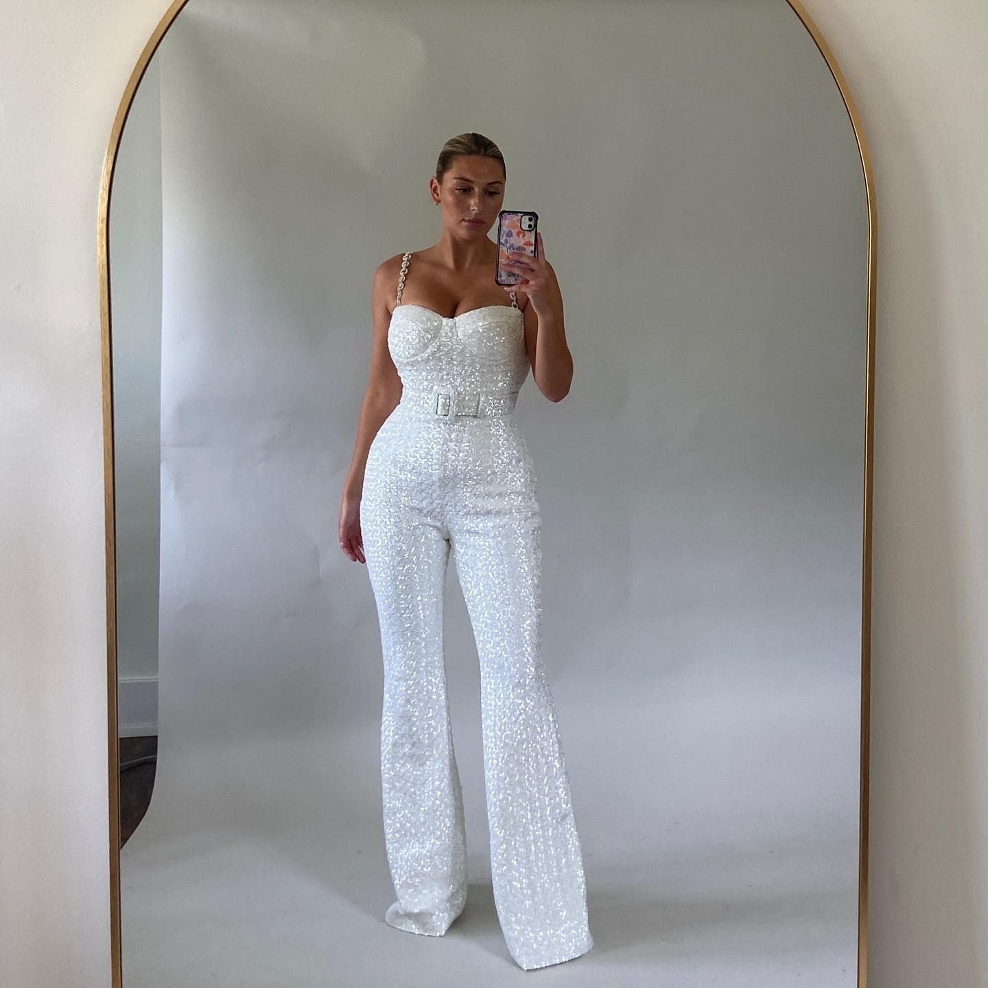 Women's Fashion Sexy Chain Belt Sequined Backless Jumpsuits