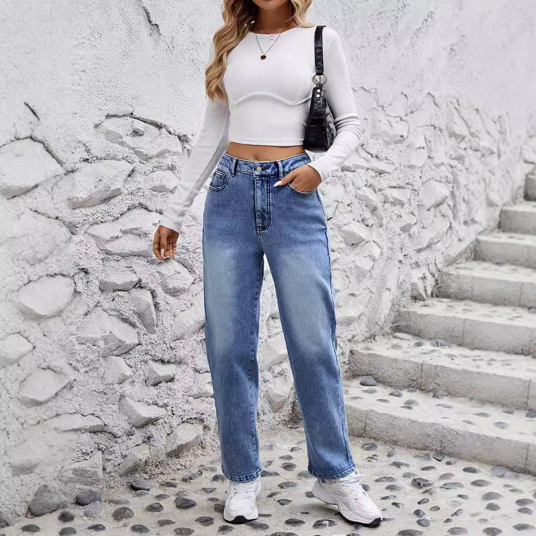 Women's Stretch Fleece Straight Slimming Denim Trousers Jeans