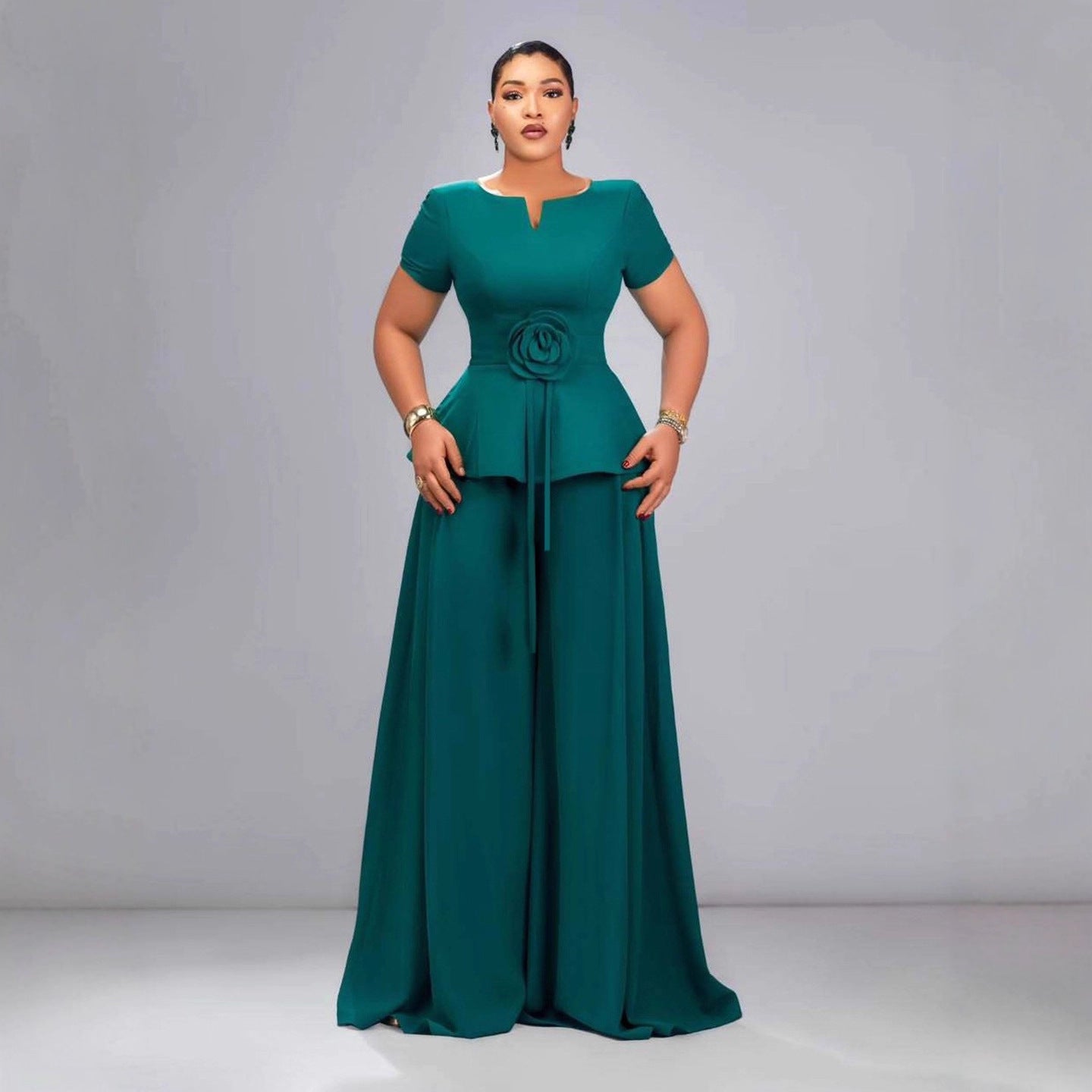 Women's Green Sleeve Ruffled Three-dimensional Flower Wide Suits