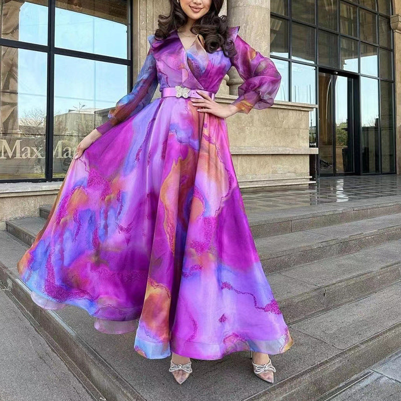 Women's Printed Wide Hem Gauzy Dress Commuter Dresses