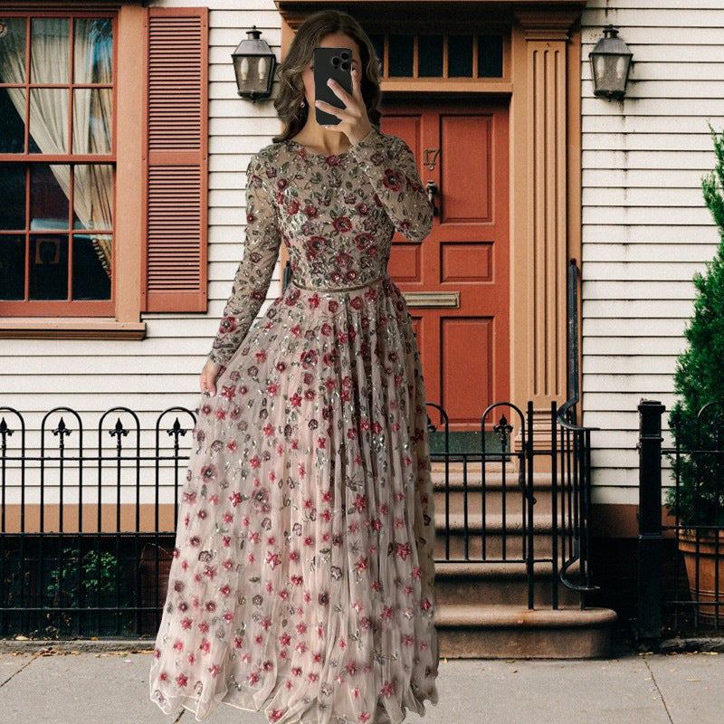 Slimming Mid-length Long Sleeve Three-dimensional Flower Dresses