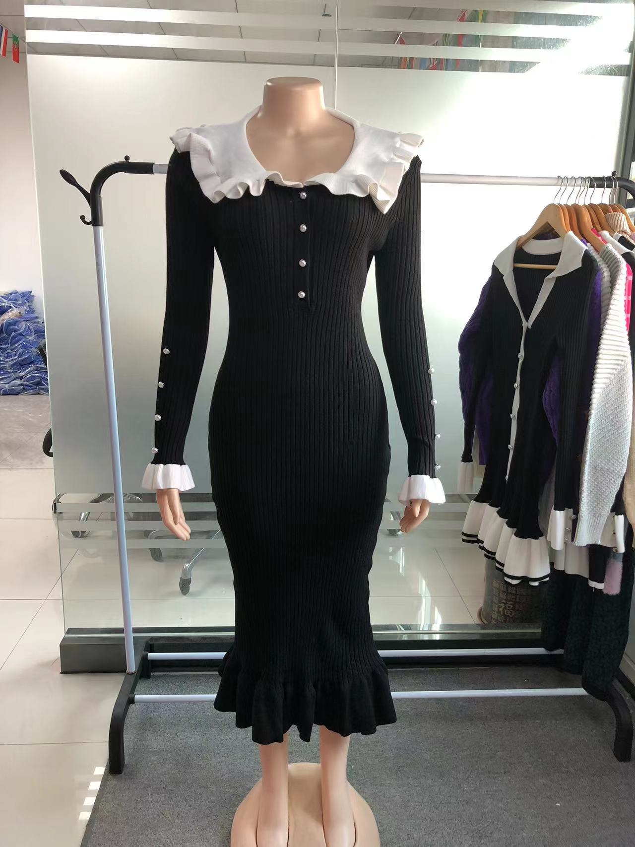 Retro Lady French Dress Ruffled Knitted Dresses