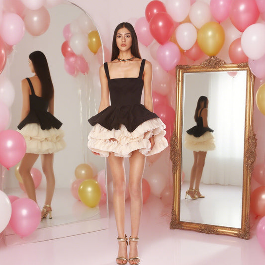 Retro Black White Contrast Color Square Collar Pettiskirt Party Dresses