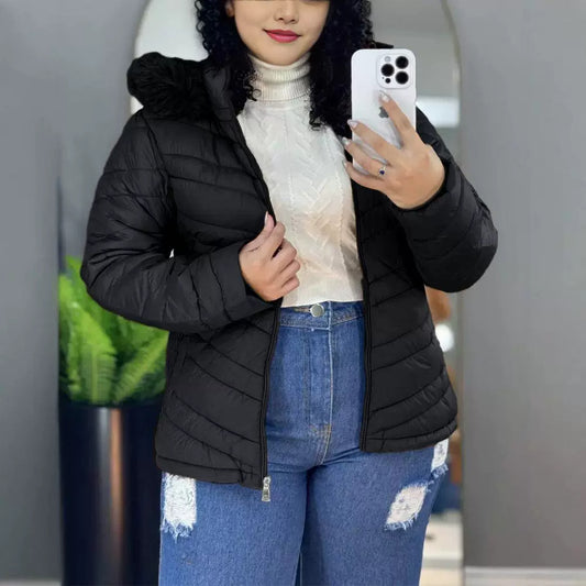 Color Waist Tight Hooded With Fur Blouses