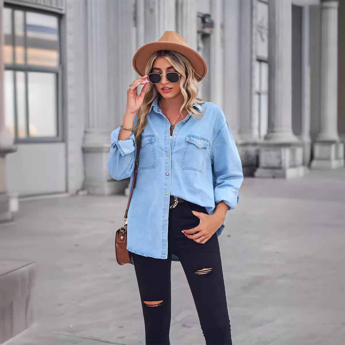 Women's Color Figure Flattering Thin Denim Long Blouses