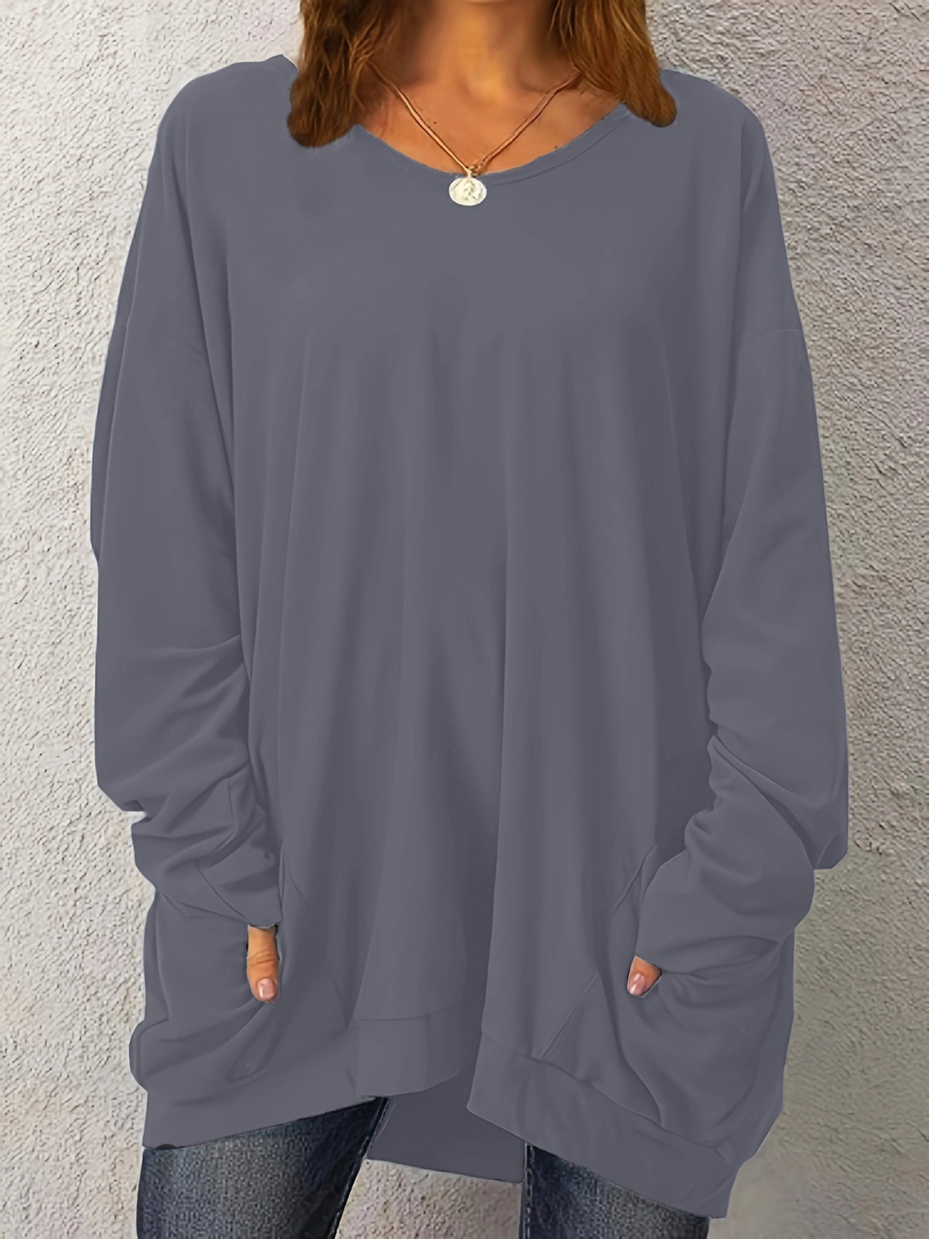 Women's Pullover Long-sleeved Double Pocket Solid Color Tops