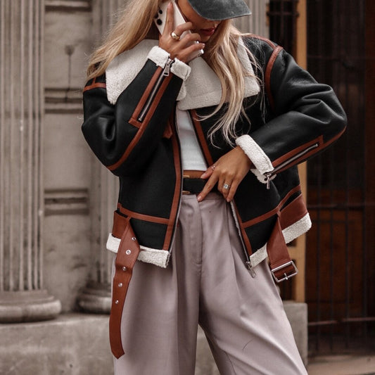 Women's Outerwear Large Lapel Motorcycle Single-layer Fleece-lined Jackets
