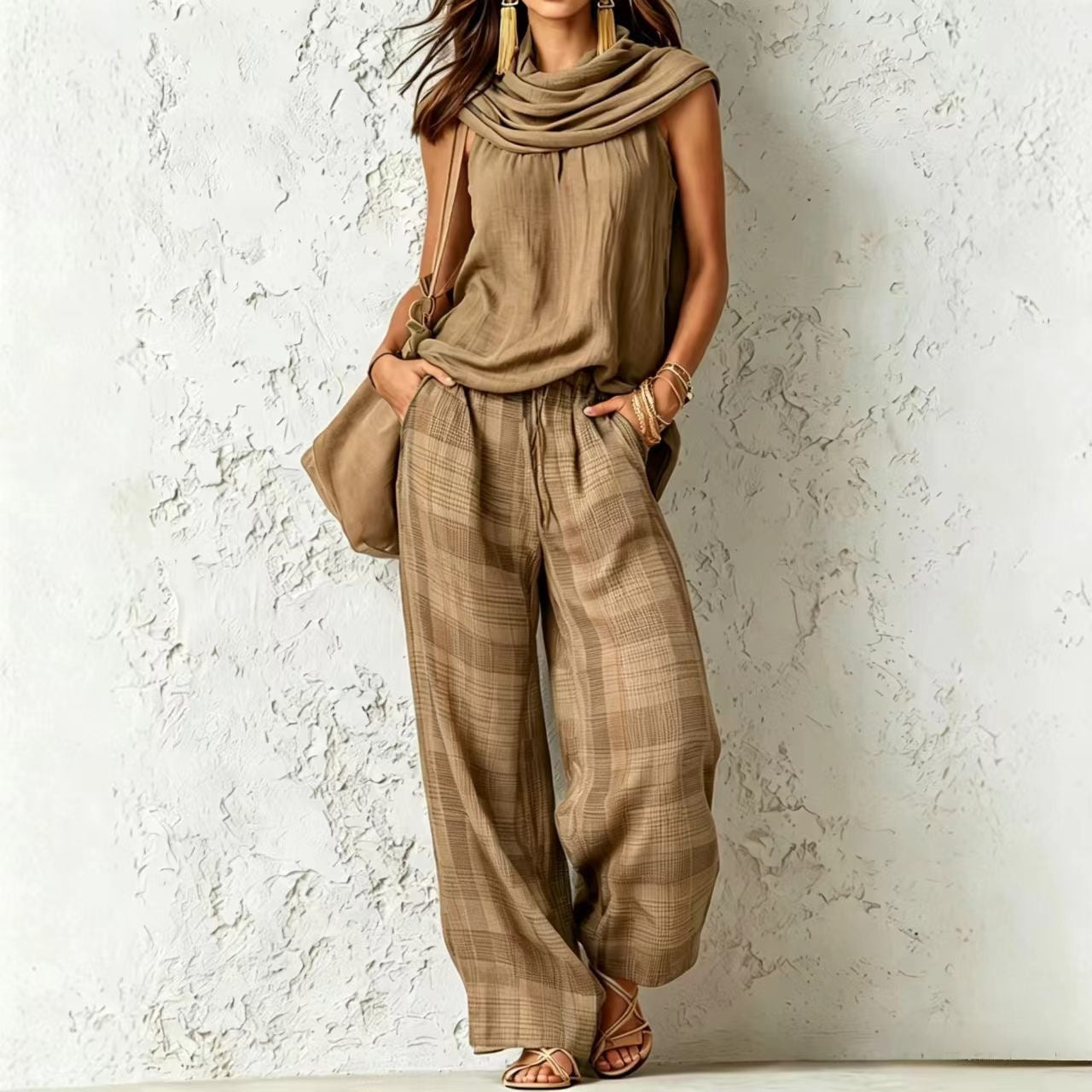Beautiful Women's Retro Style Sleeveless Plaid Fashion Casual Suit