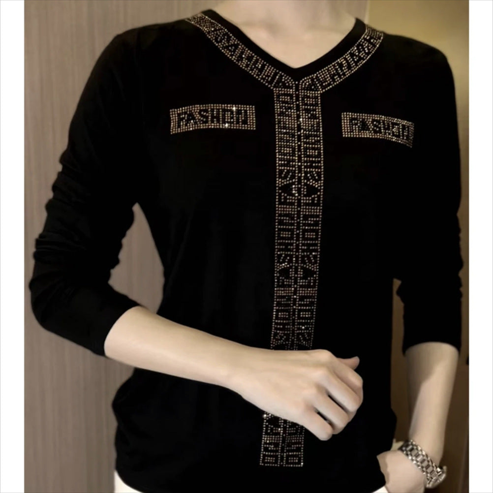 Women's Fleece-lined Thickened Winter Slimming Long-sleeved Rhinestone Women's T-shirt