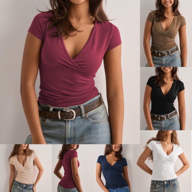 Women's Solid Color Slim Fit Collar Sleeve Women's T-shirt