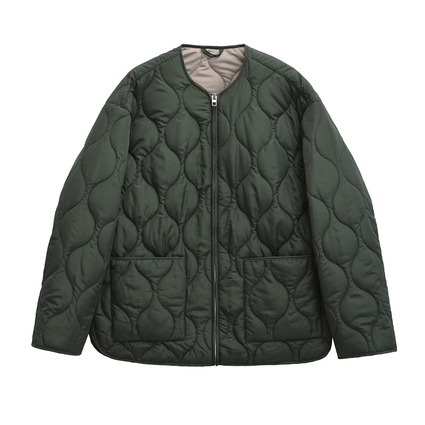 Women's Neck Zipper Diamond Lattice Quilted Large Pocket Jackets