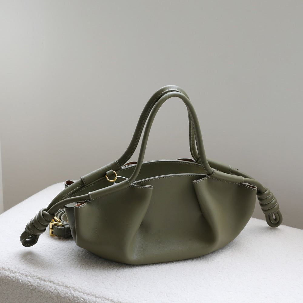 Women's Leather Folds Cloud Dumpling Drawstring Fashionable Handbags