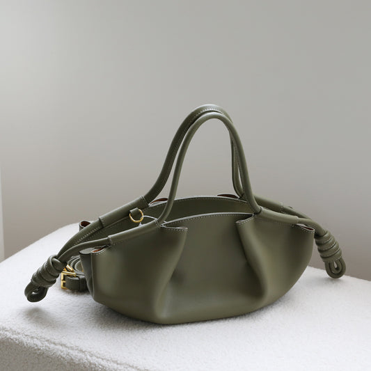 Women's Leather Folds Cloud Dumpling Drawstring Fashionable Handbags