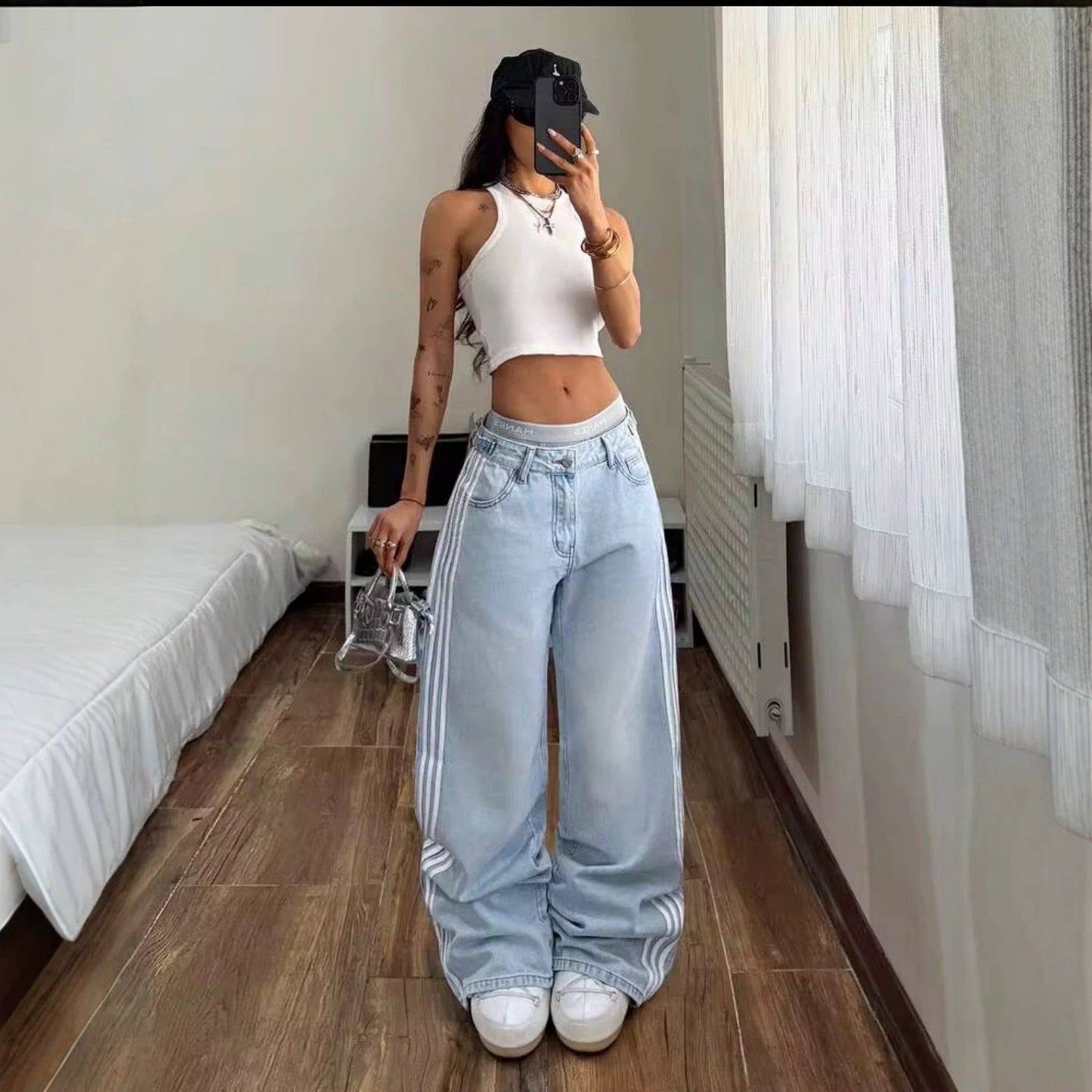 Women's Retro Trendy Fashion Casual Striped Trousers Women's Jeans