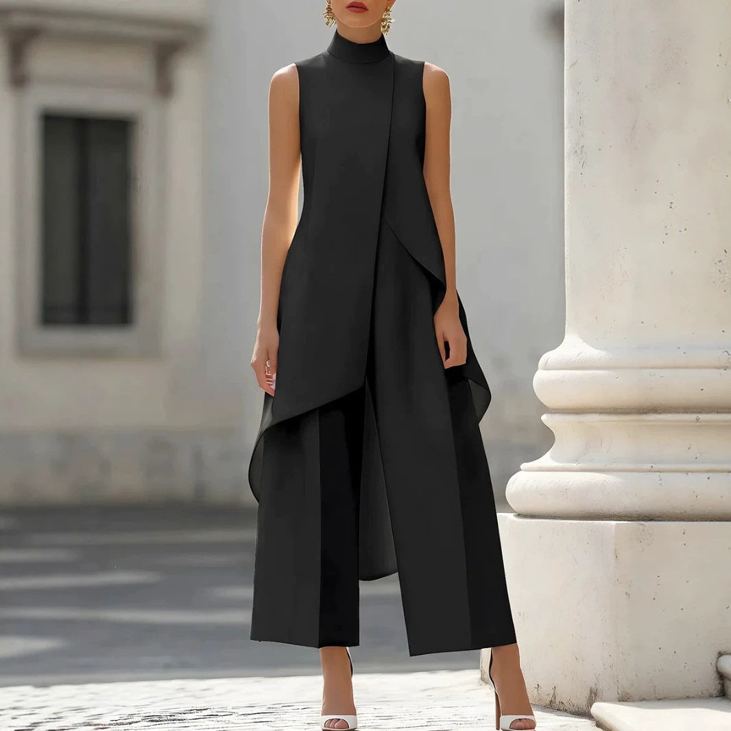 Commuter Slimming Irregular Design Turtleneck Sleeveless Laminated Pants