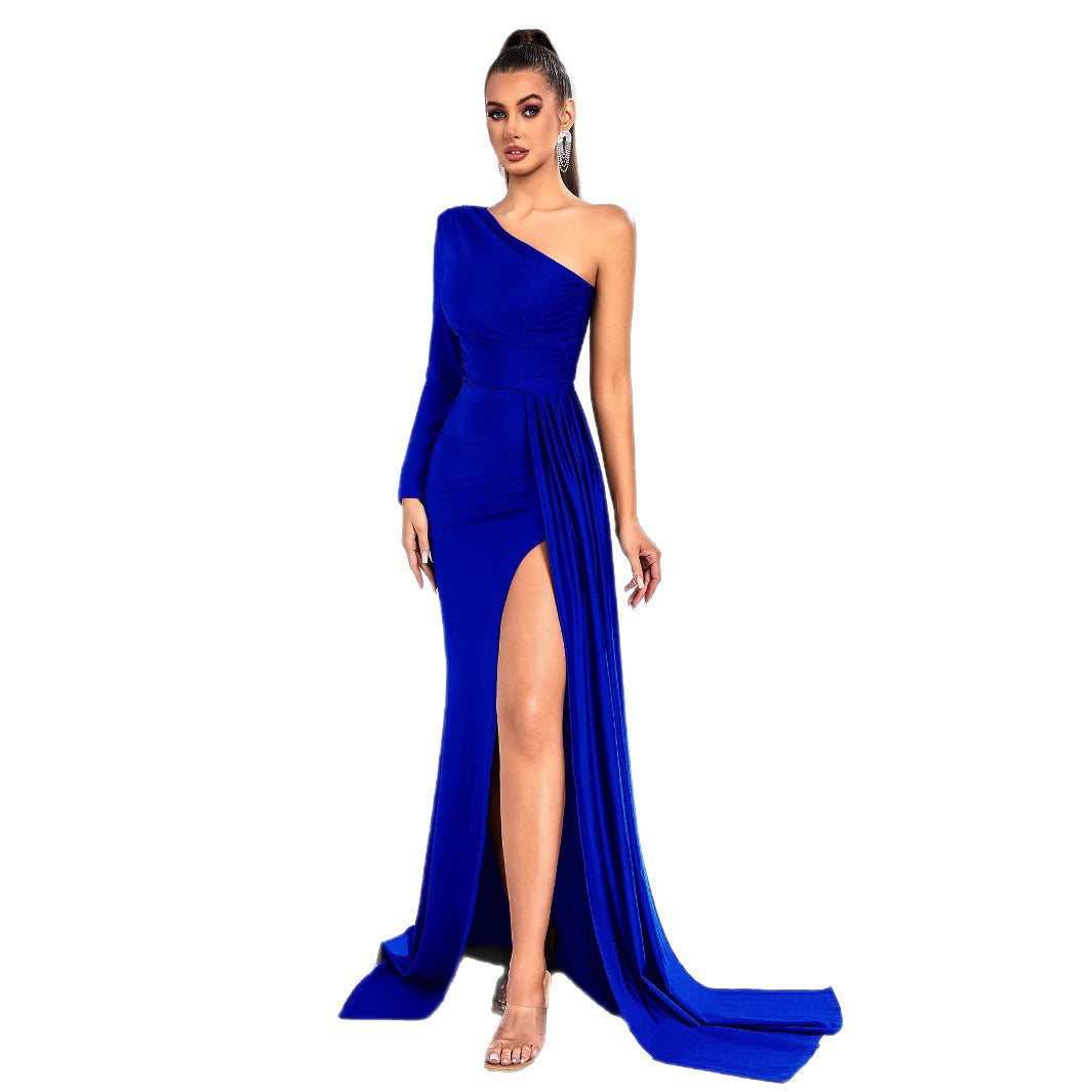 Diagonal Collar Slim Dress Sexy Slit Ribbon Dresses