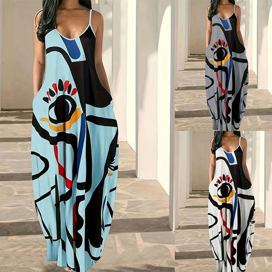 Summer Cool Sling Fashion Deep V Abstract Face Style Digital Dress