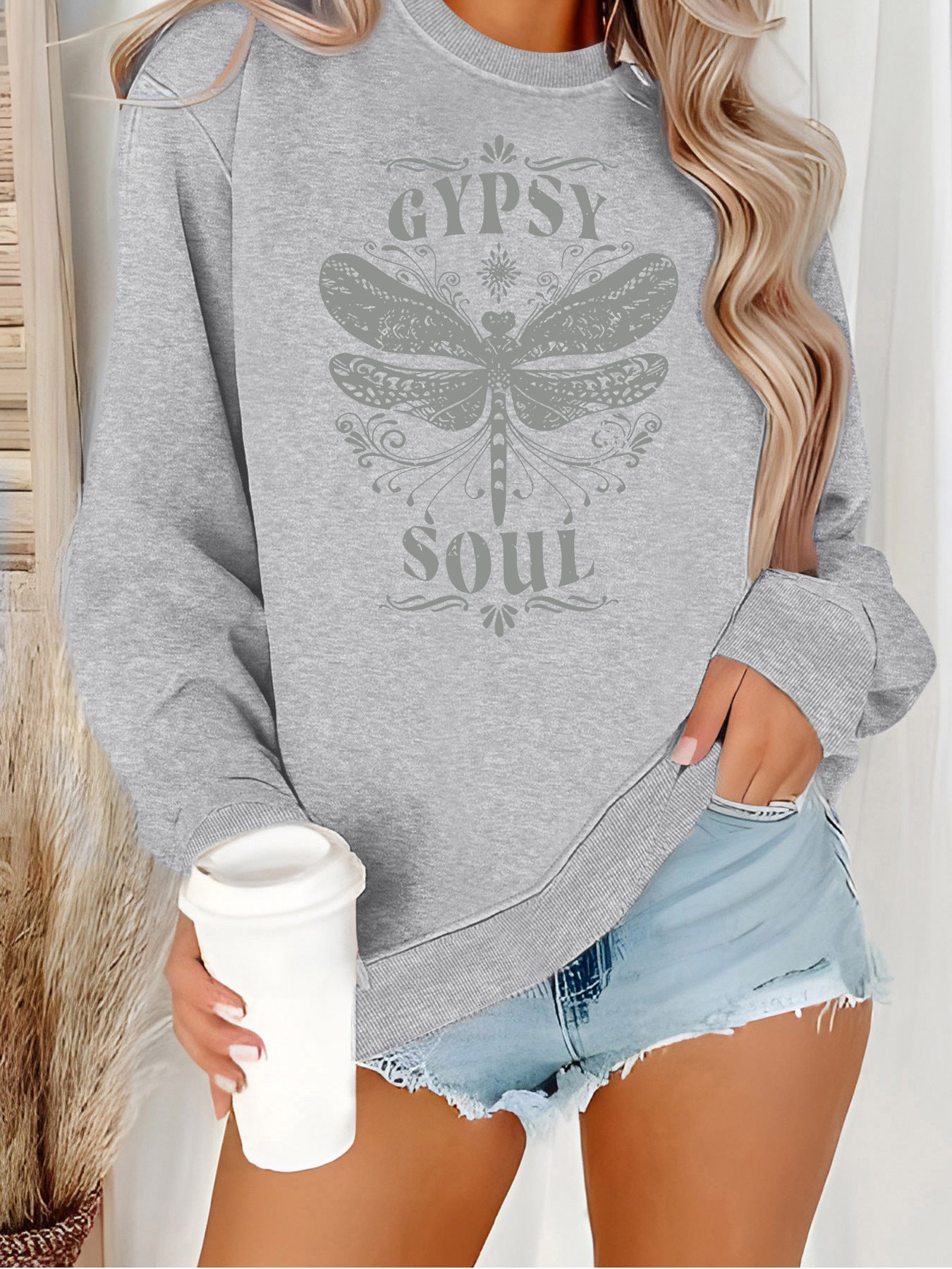 Women's Fashion Base Long-sleeved Dragonfly Round Neck Design Sweaters