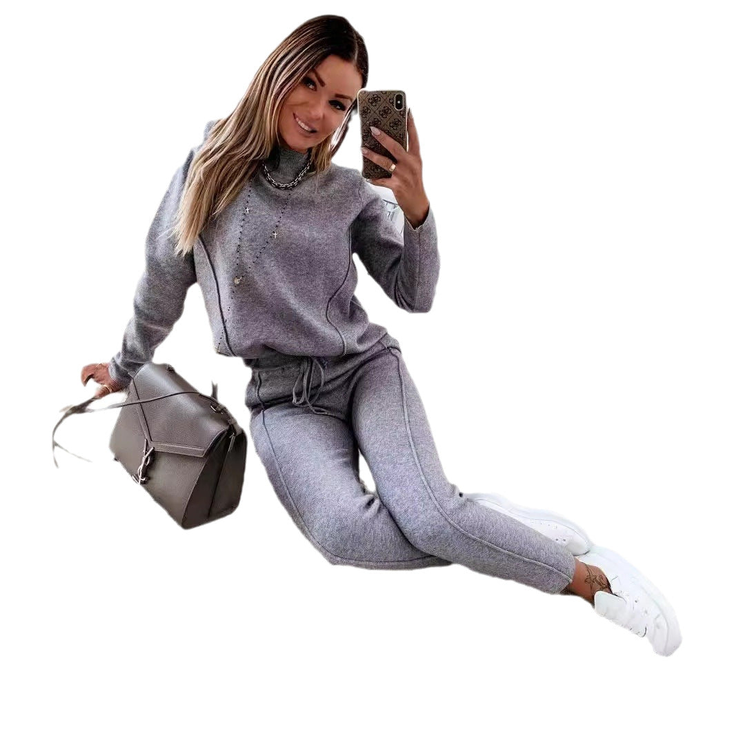 Women's Turtleneck Long Sleeve Pocket Trousers Two-piece Suits