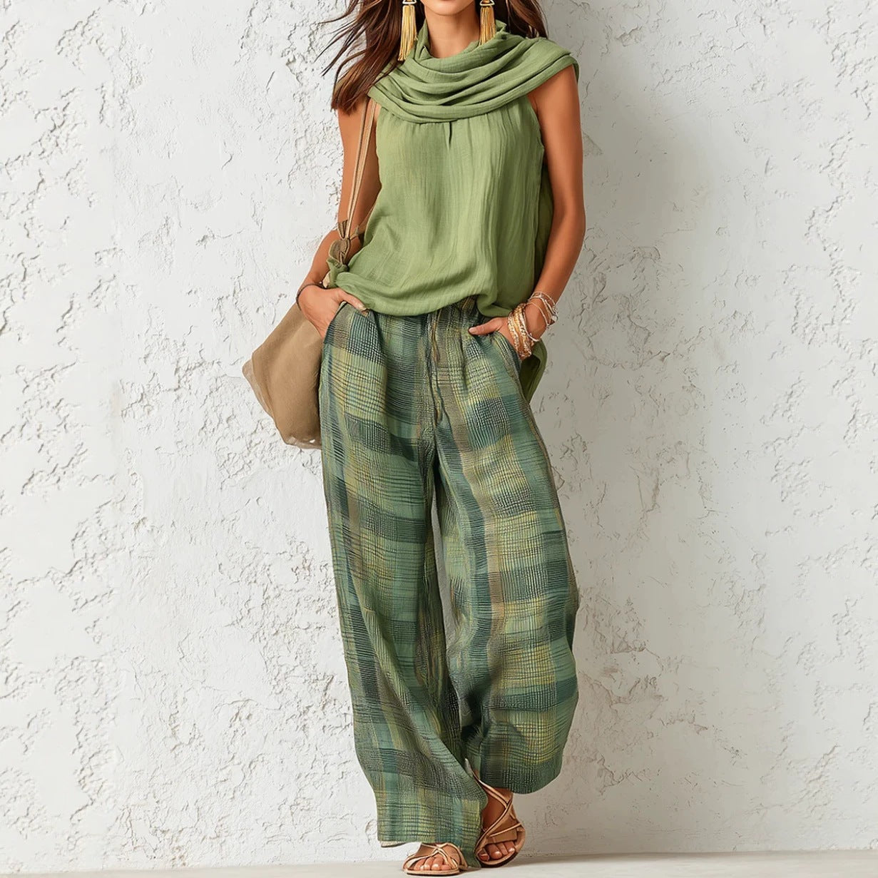 Beautiful Women's Retro Style Sleeveless Plaid Fashion Casual Suit