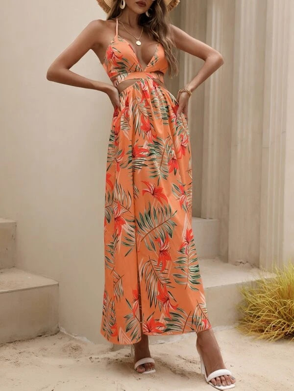 Printed Backless Bow Dew Back Collar Dress