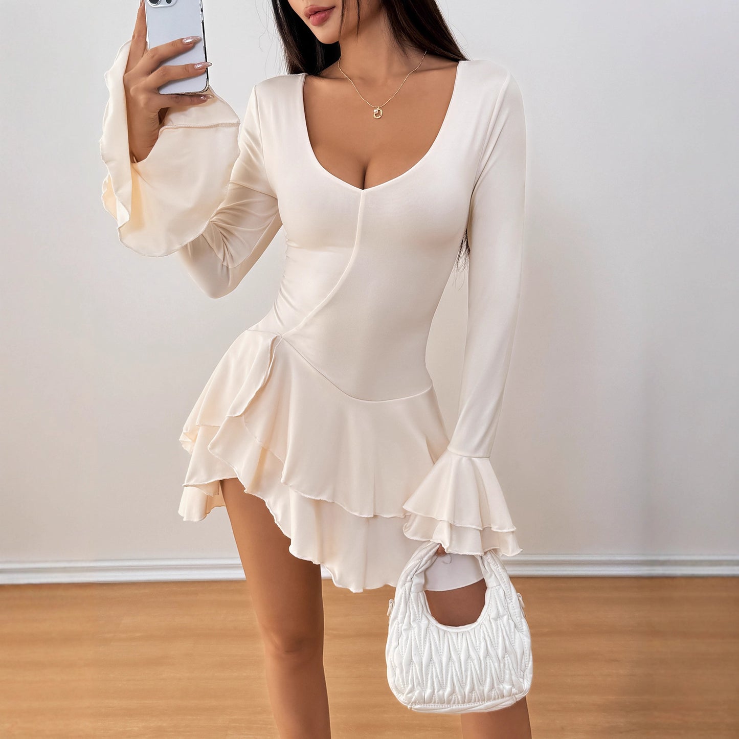 Women's High Waist Solid Color Long-sleeved Dress