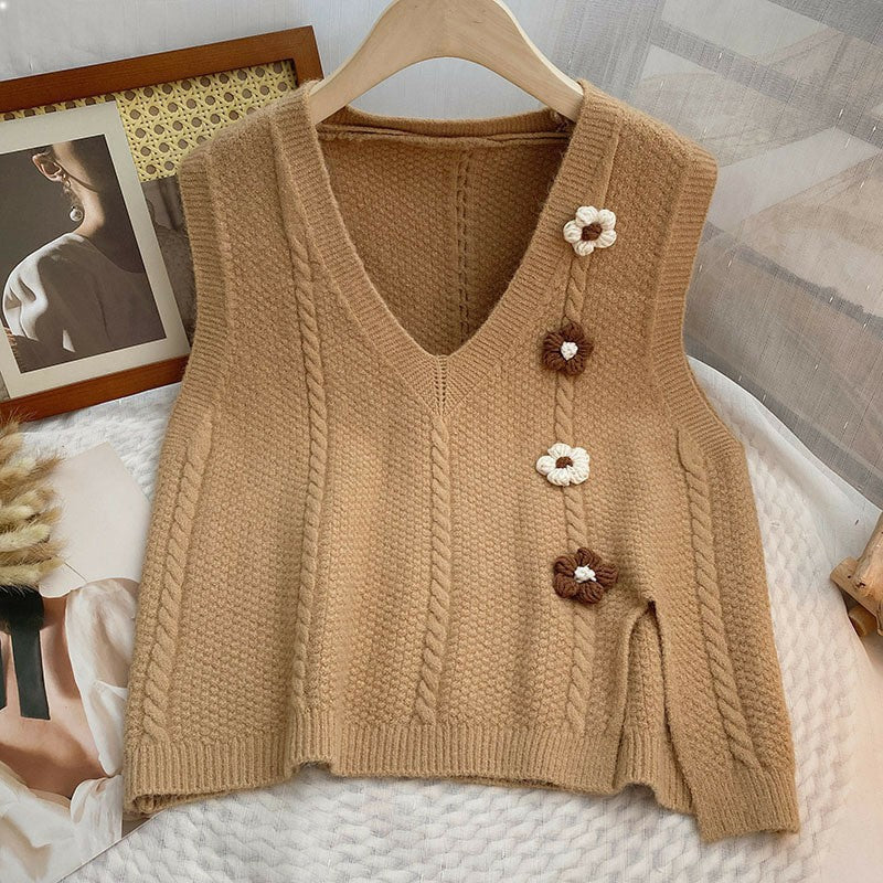Artistic Retro Split Solid Color Three-dimensional Flower Loose Outer Women's Vest