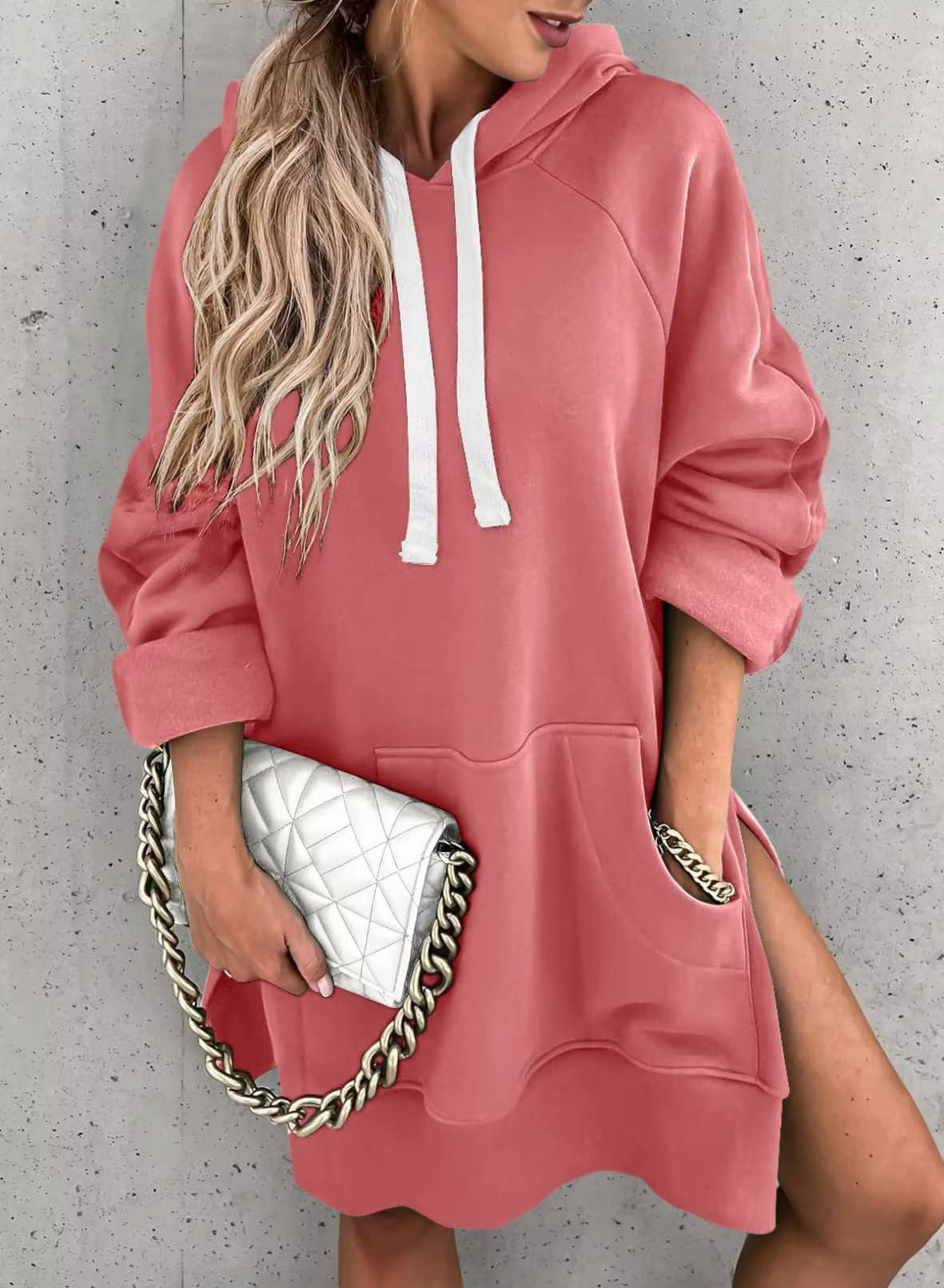 Women's Solid Color Casual Hooded Mouse Bag Rope Brushed Women's Sweater, Sweater