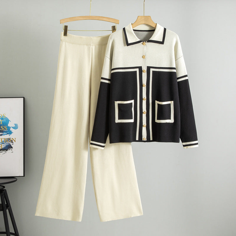Women's Lapel Contrast Color Set Loose Knitted Fashion Casual Suit