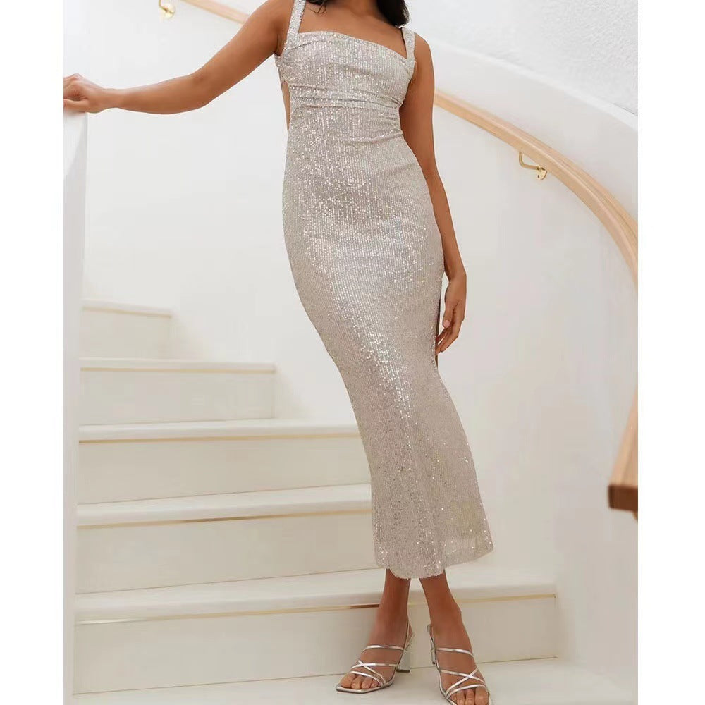 Women's Slimming Sexy Backless Shoulder Strap Slit Dresses