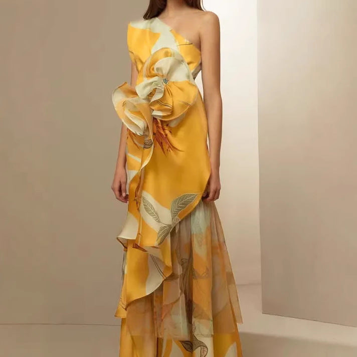 Goods French Retro High Switchover Temperament Casual Printing Sloping Dresses