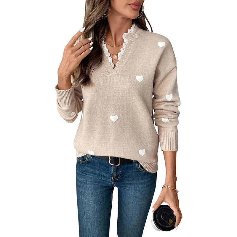 Printing Russian Stand Collar Lace Valentine's Sweaters