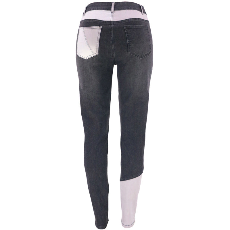 Women's Autumn Blue Black Stitching Trendy Cotton Jeans