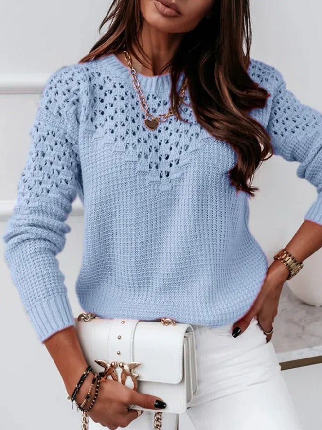 Women's Jacquard Hollow Out Stitching Round Neck Sweaters