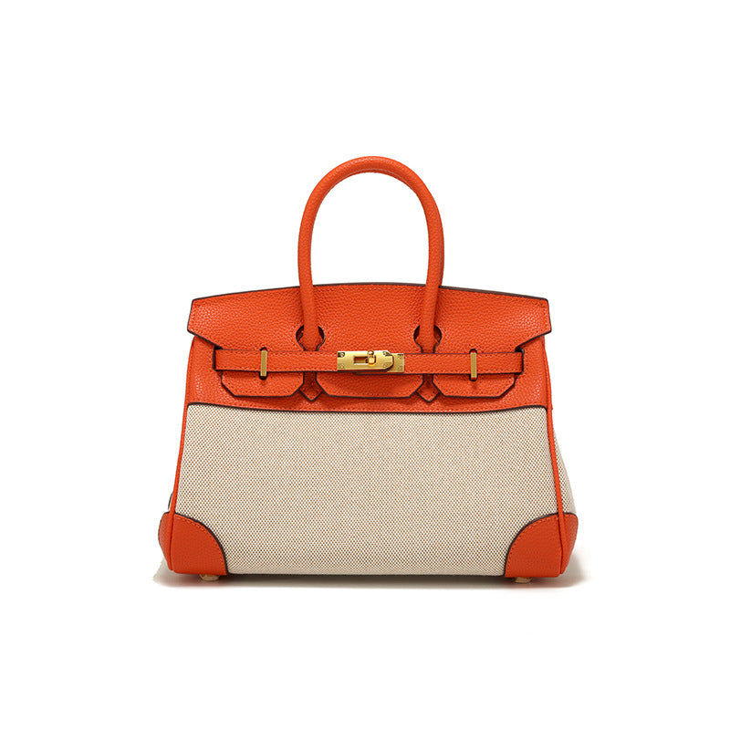 Women's Lychee Pattern Cowhide Canvas Patchwork Contrast Color Handbags